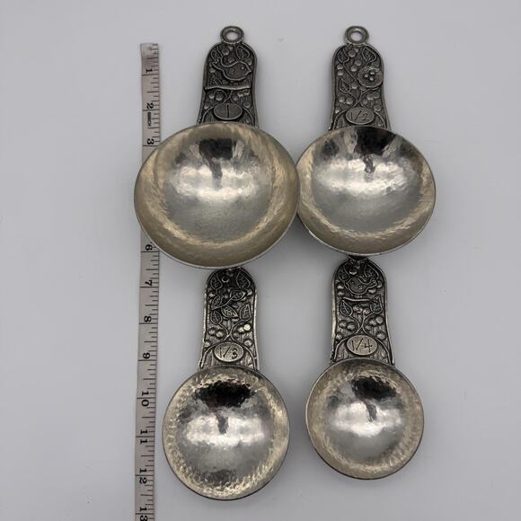 Crosby & Taylor Pewter Measuring Cup Set of 4 Hammered Bird Floral Kitchen Decor - Picture 7 of 8